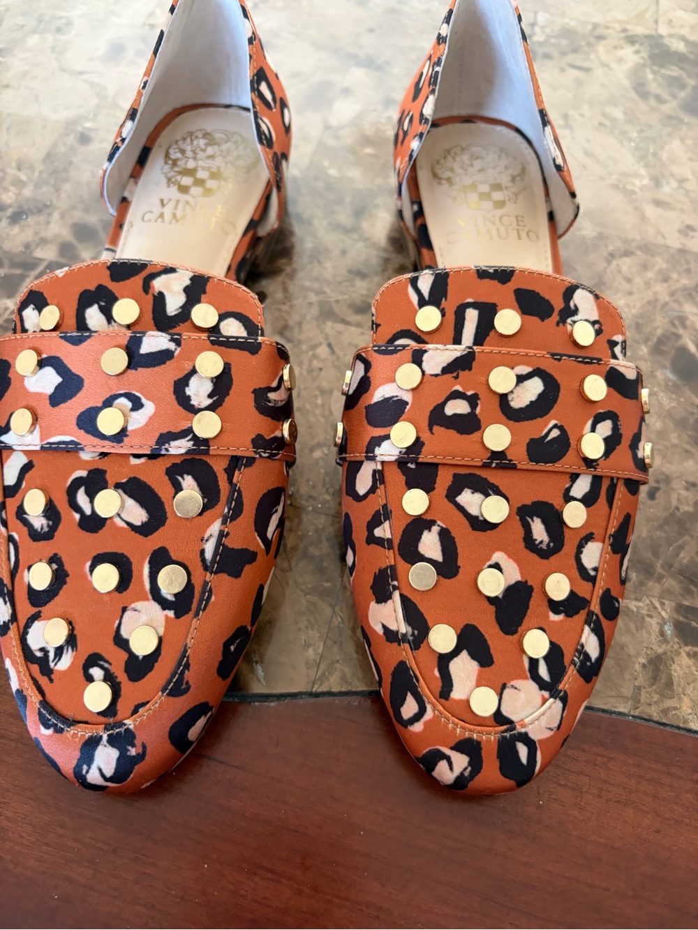 Vince Camuto Orange Leopard Print Studded Loafers